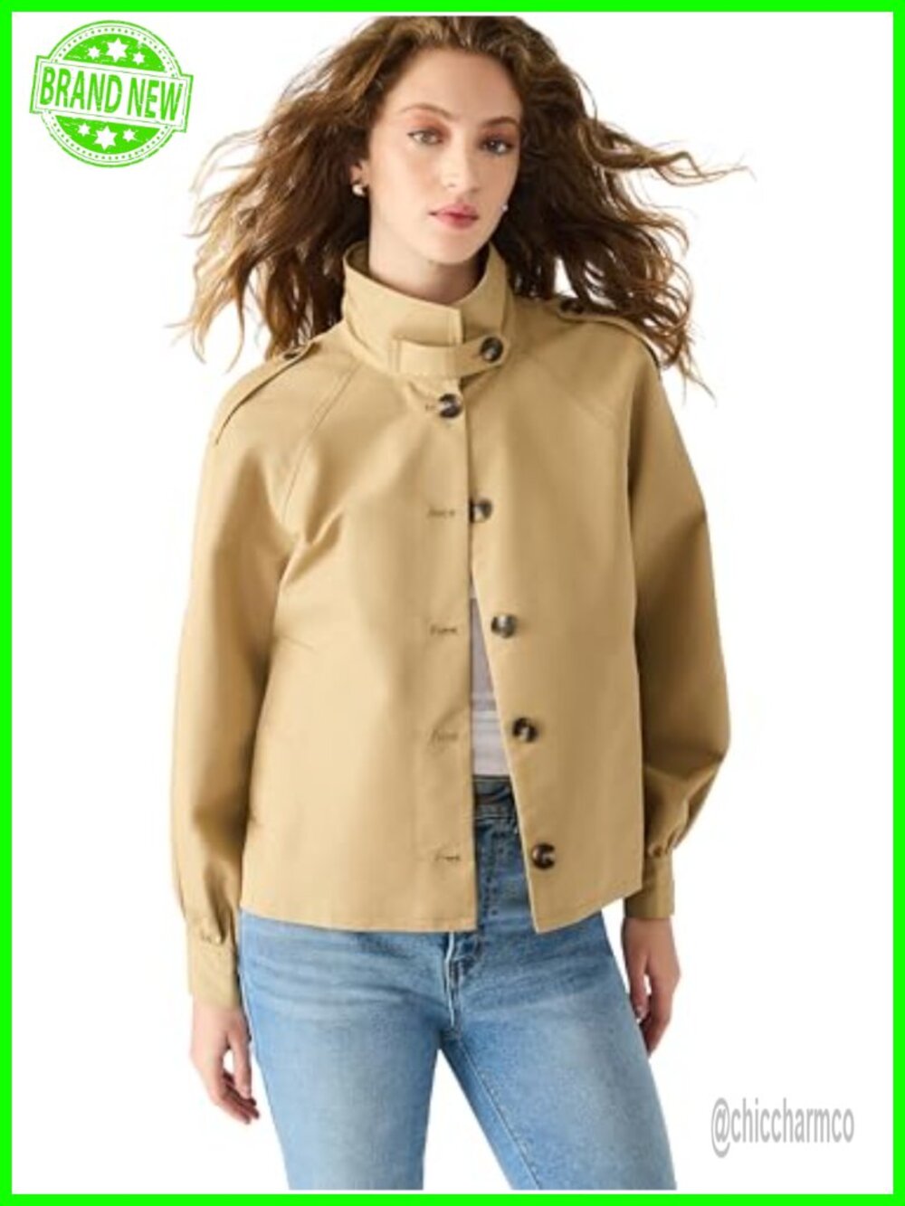 Steve Madden Kaylee Button Front Casual Jacket Long Sleeve Band Collar